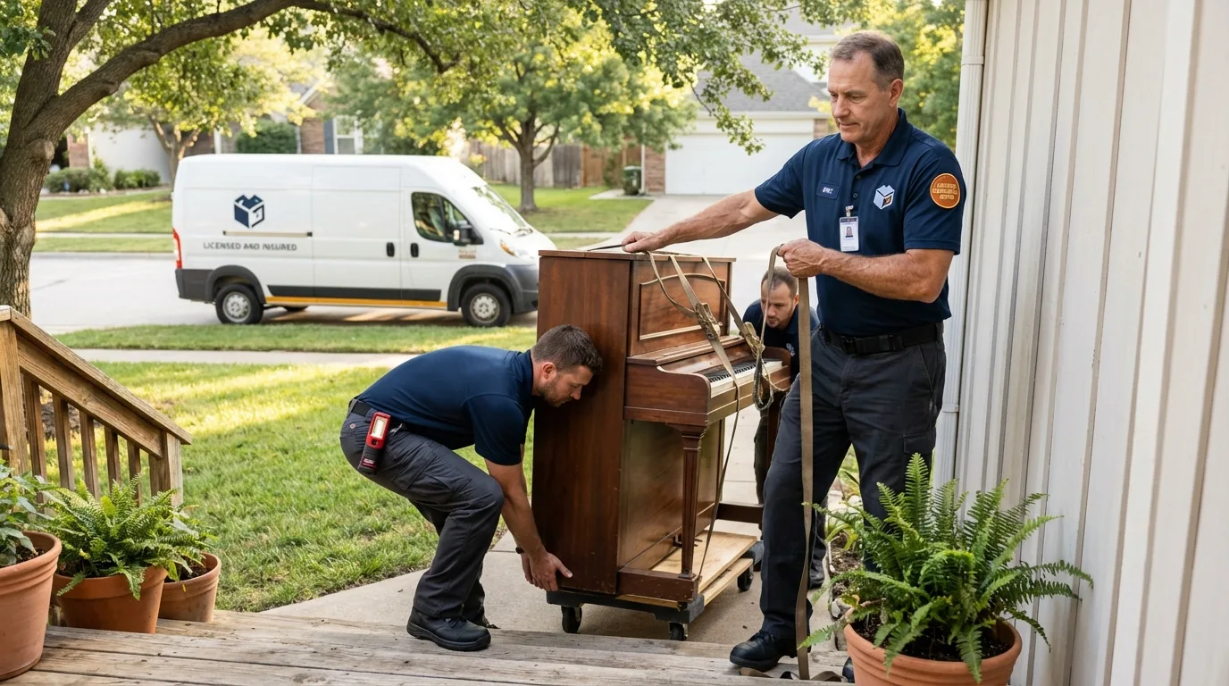 Licensed piano movers securing grand piano in Colonia, NJ