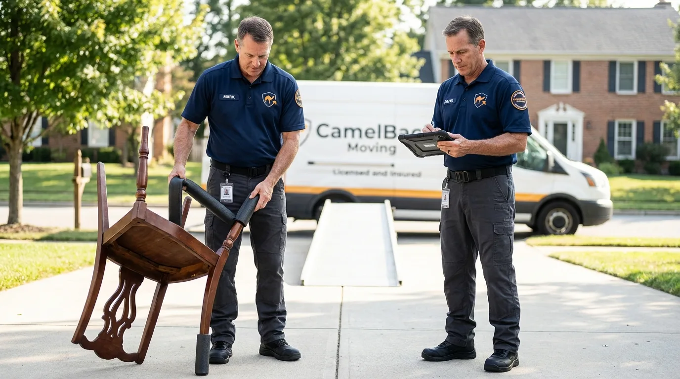 Movers inspecting furniture for damage prevention before loading in Colonia, NJ