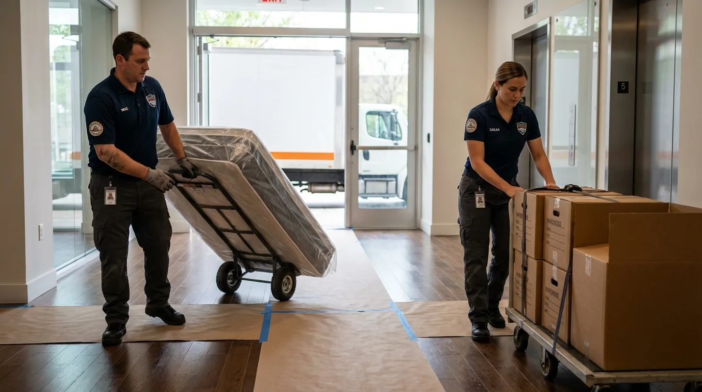 Professional apartment movers loading elevator in Colonia, NJ
